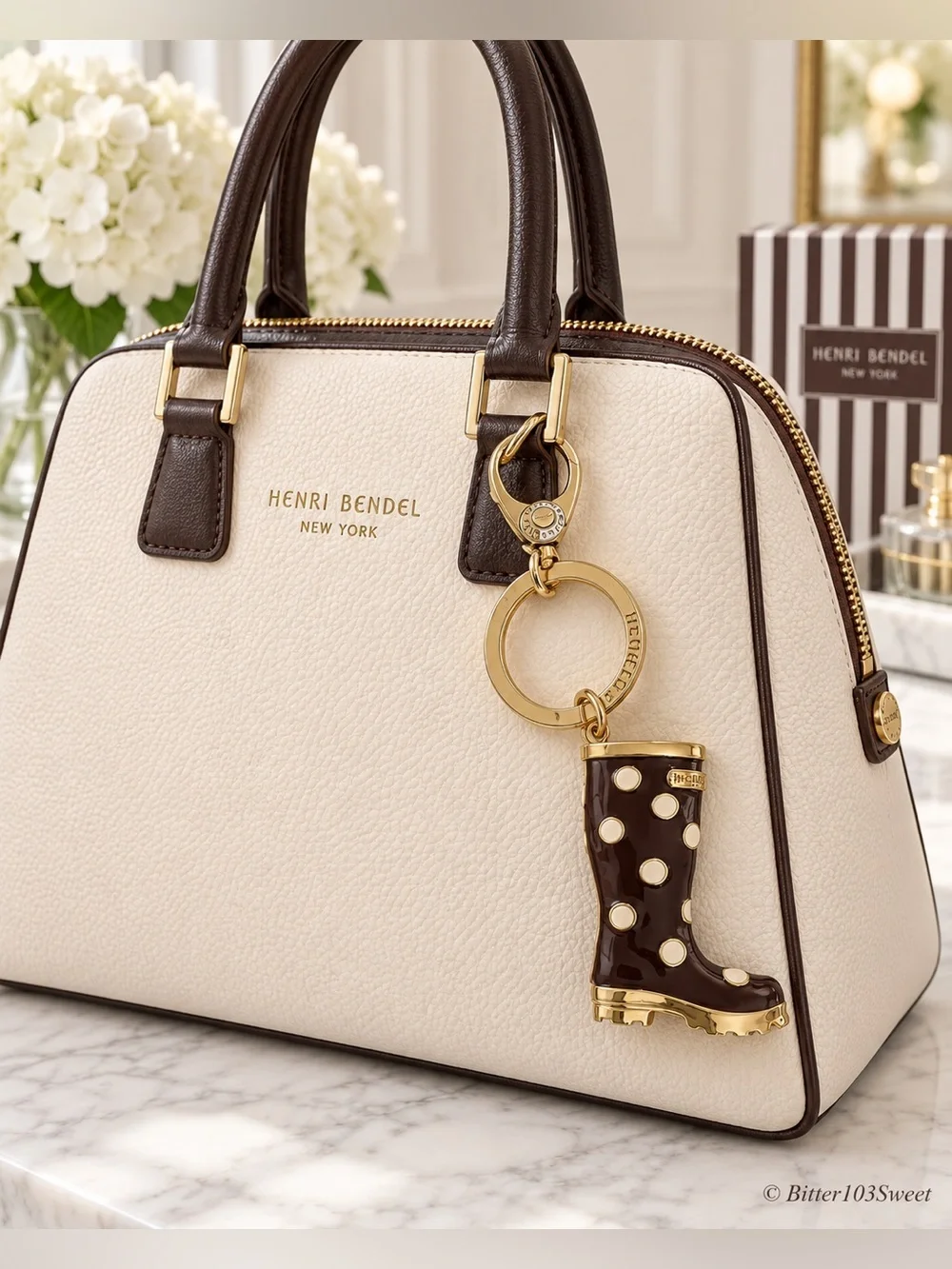 Henri Bendel Brown Polka Dot Rain Boot Keychain with Gold Accents